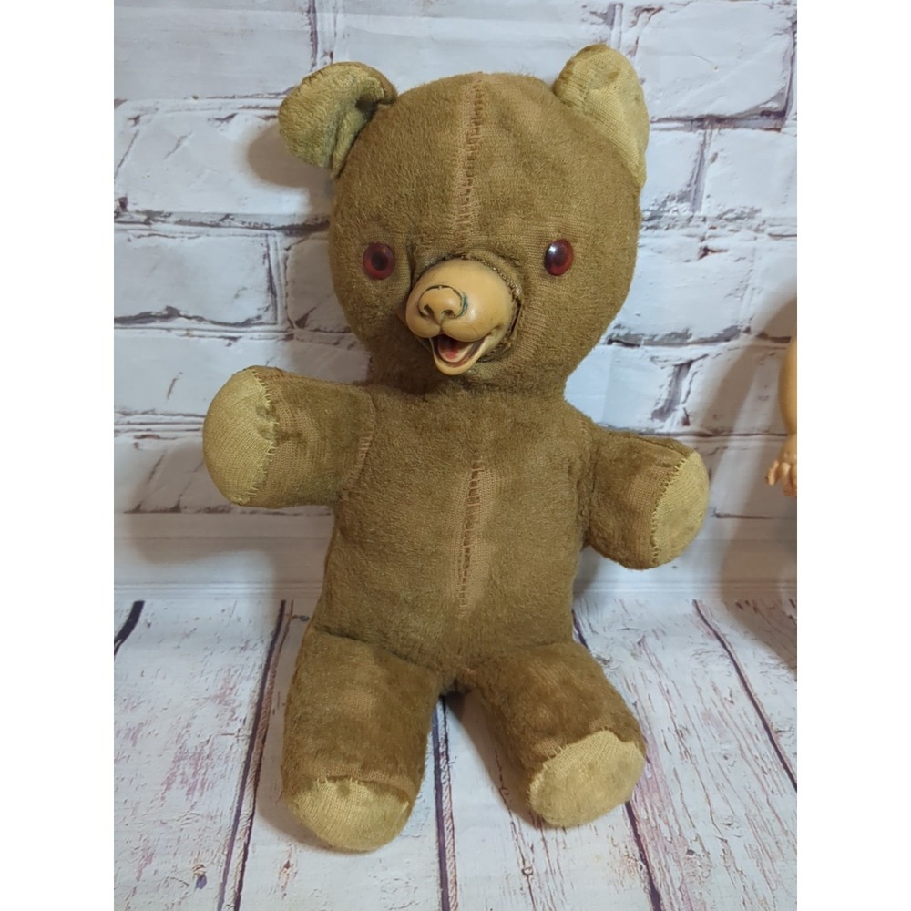 Vintage 50s Toy Lot Of 3 Ideal Toys Teddy Bear, Sun Rubber Doll & Squeaker Doll - Picture 2 of 11